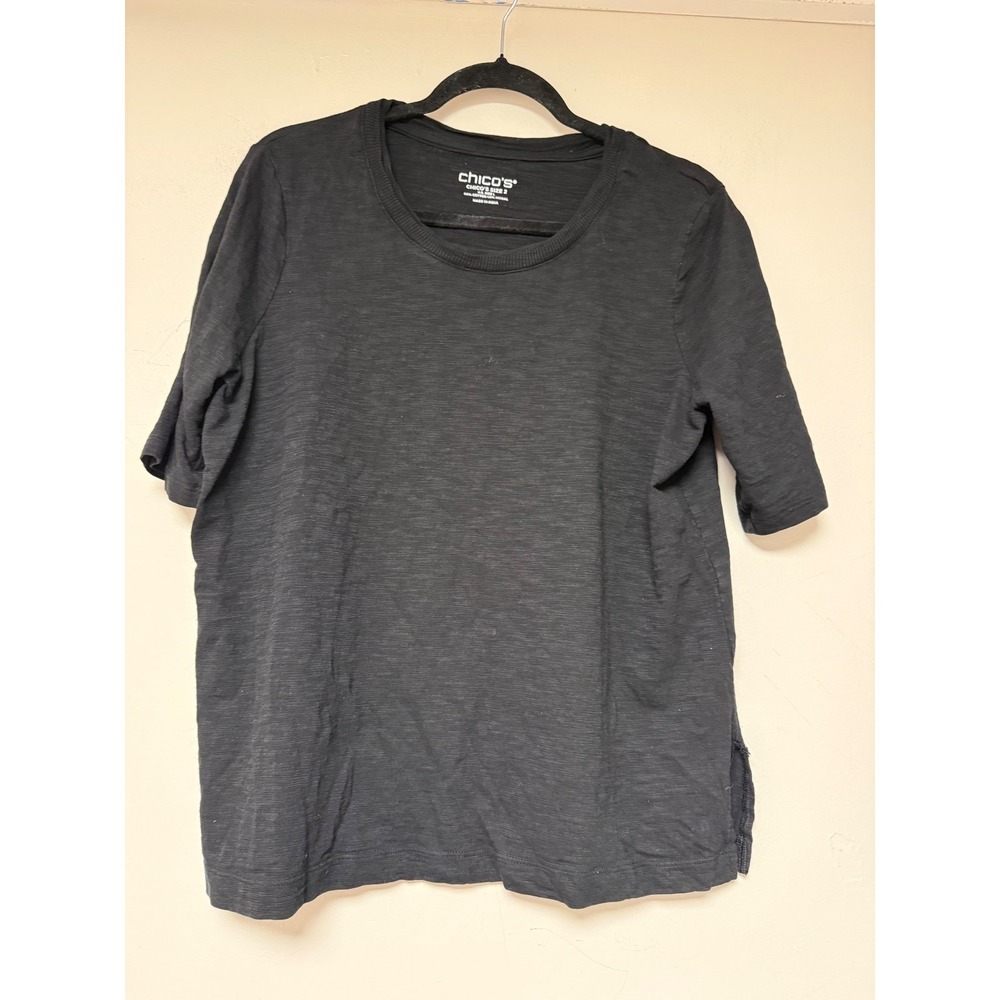 Chico's Slub Knit Tee Women Size L 2 Black Excellent Elbow Sleeve Side Slit